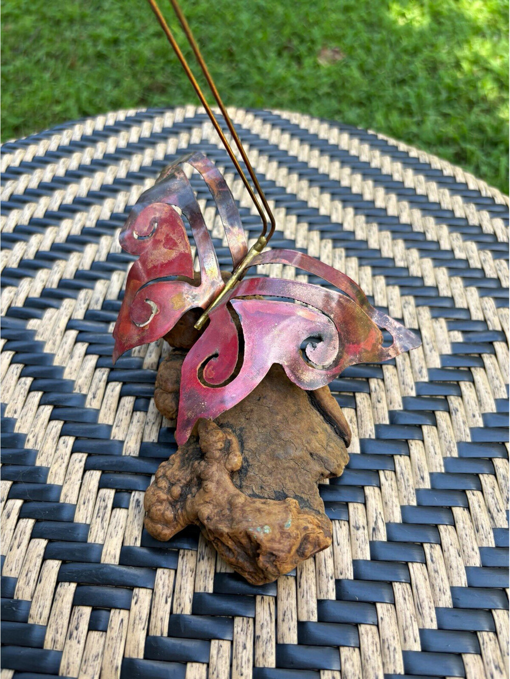 Metal Butterfly Sculpture on Driftwood
